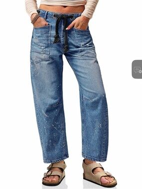 Casual Wide-Leg Paint-Splatter Denim Pants - Blue